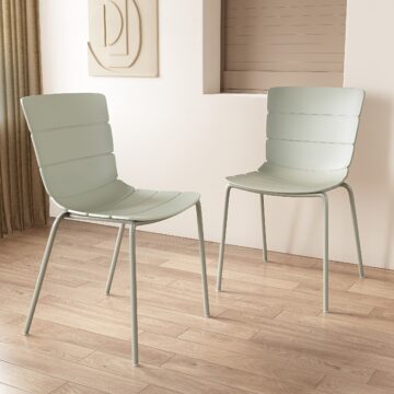 Dalvik Dining Pair of Green Ribbed Plastic Kitchen Chairs with White Metal Legs