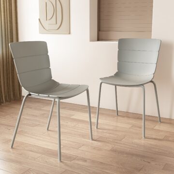 Dalvik Dining Pair of Grey Ribbed Plastic Kitchen Chairs with White Metal Legs
