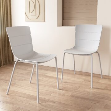 Dalvik Dining Pair of White Ribbed Plastic Kitchen Chairs with White Metal Legs