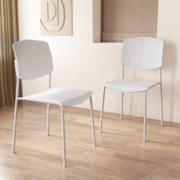 Dalvik Dining Pair of White Stackable Plastic Kitchen Chairs with Contoured Seat and Black Metal Leg