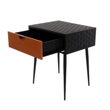 copper drawer with black handle legs