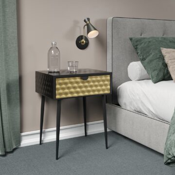 Studio Lounge Jupiter metal 1 drawer bedside cabinet, gold drawer with black handle and legs