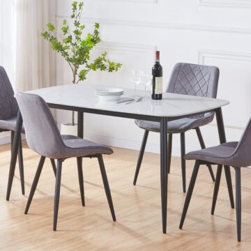 Dalvik rectangular dining table, gloss white sintered stone top with black tapered legs