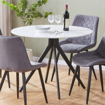 Dalvik round dining table, gloss white sintered stone table top with black pedestal leg