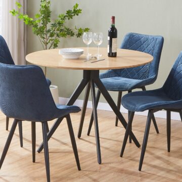 Dalvik round dining table, light oak effect top with black pedestal leg