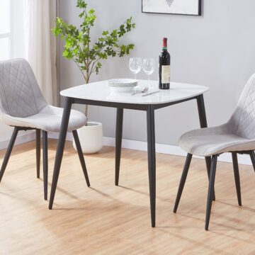 Dalvik square dining table, gloss white sintered stone top with black tapered legs