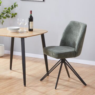 Dalvik swivel dining chairs, green cord fabric with black metal legs (pair)