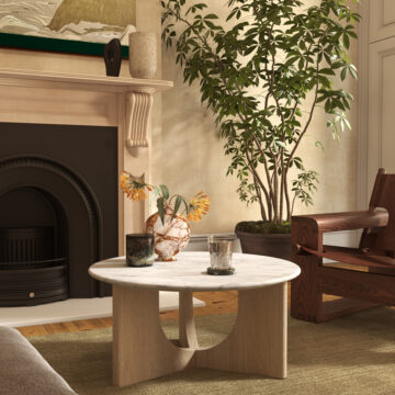 Elwood Oak Round Coffee Table With Travertine Top