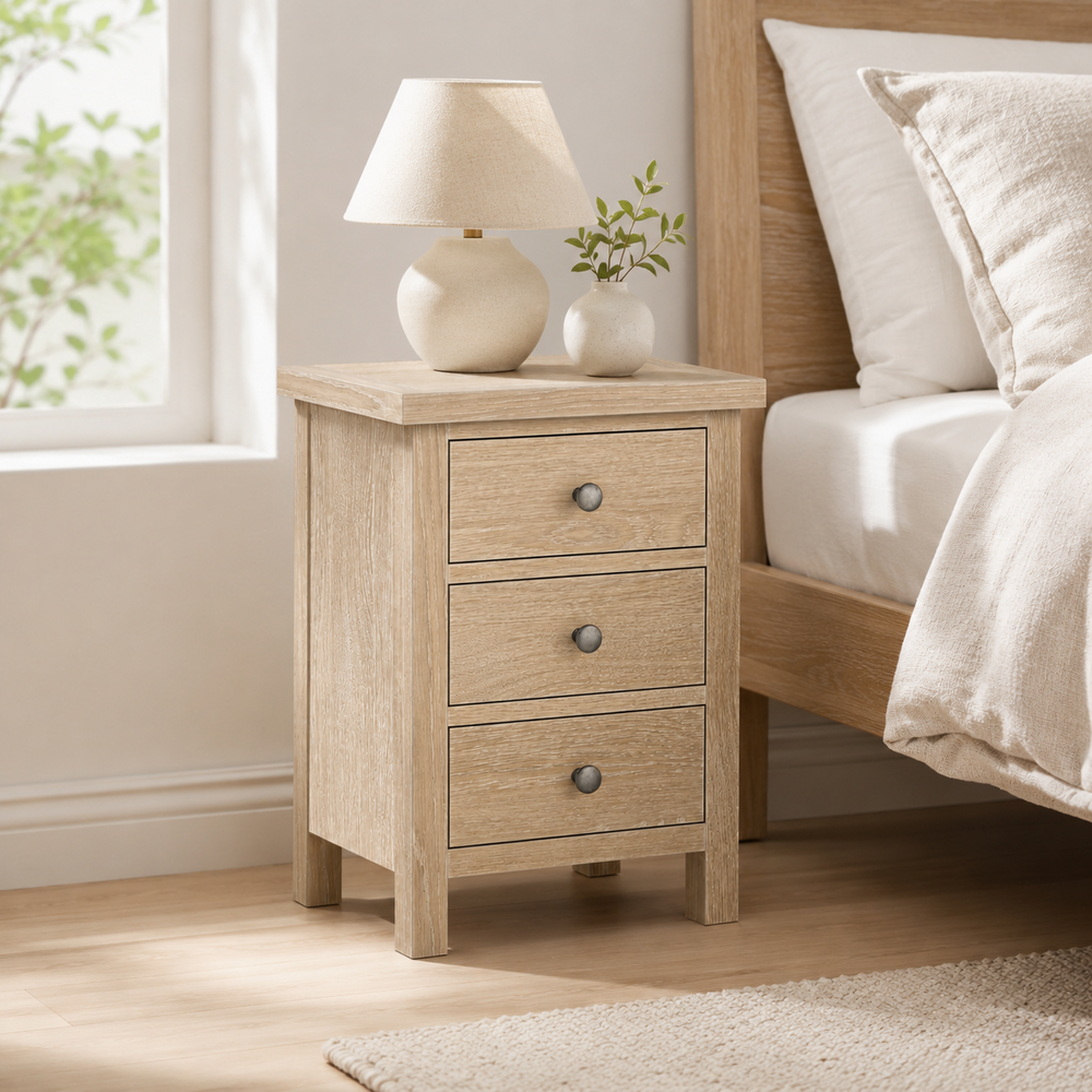 Oaktide White Wash 3 Drawer Bedside Cabinet | Clearance