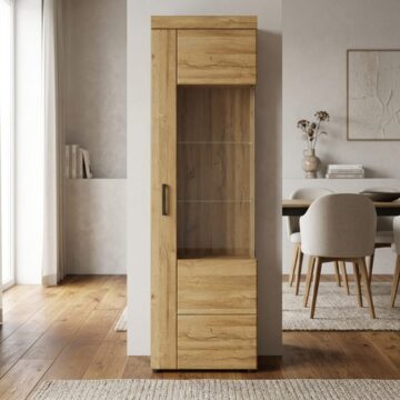 Newquay 1 Door Tall Glazed Display Cabinet | Oak Finish | Right Hand