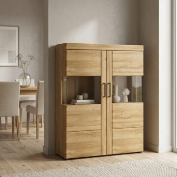 Newquay 2 Door Low Wide Glazed Display Cabinet | Oak Finish