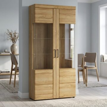 Newquay 2 Door Tall Wide Glazed Display Cabinet | Oak Finish