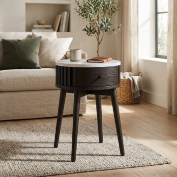 Serenity Black 1 Drawer Round Side Table | White Marble Top