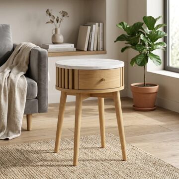 Serenity Oak 1 Drawer Round Side Table | White Marble Top
