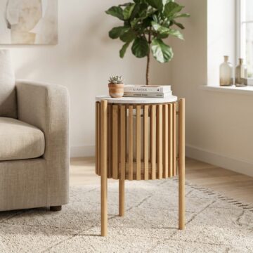 Serenity Oak Story Side Table | White Marble Top