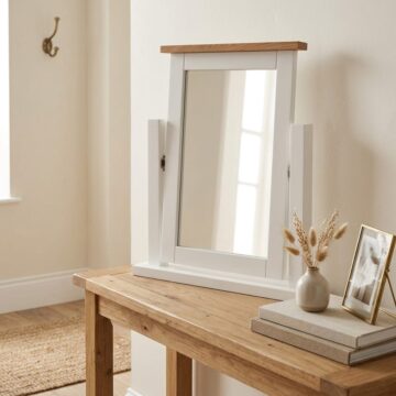 Wynyard White Single Vanity Mirror | Oak Finish Top