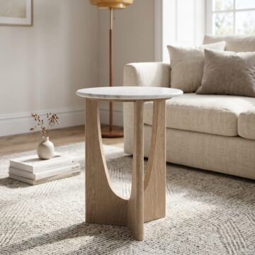 Elwood Oak Round Side Table | Travertine Top