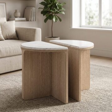 Elwood Oak Half Moon Nest of Tables | Travertine Top | Assembled