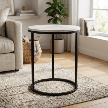 Hera White Sintered Stone Round Lamp Table | Assembled