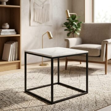Hera White Sintered Stone Square Lamp Table | Assembled