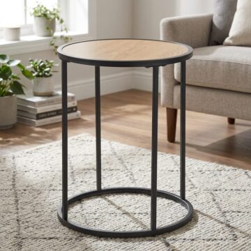 Milford Black Metal Small Round Side Table | Oak Finish Top