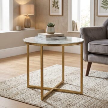 Alisma Round Side Table | Marble Effect Glass | Gold Legs
