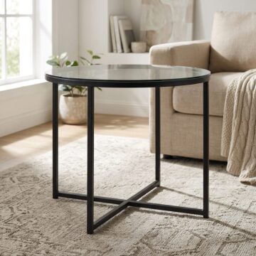 Black Cross Round Metal Side Table | Smoked Glass Top
