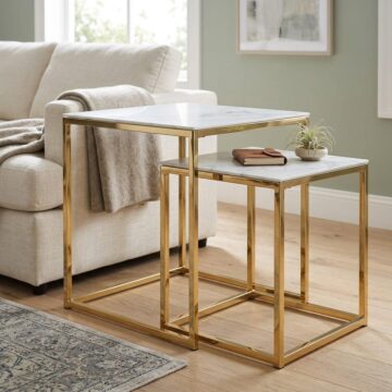 Alisma Gold Frame Nest of Tables | White Marble Glass Top