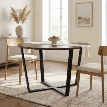 Amble Black Round Dining Table | Brown Marble Effect Top