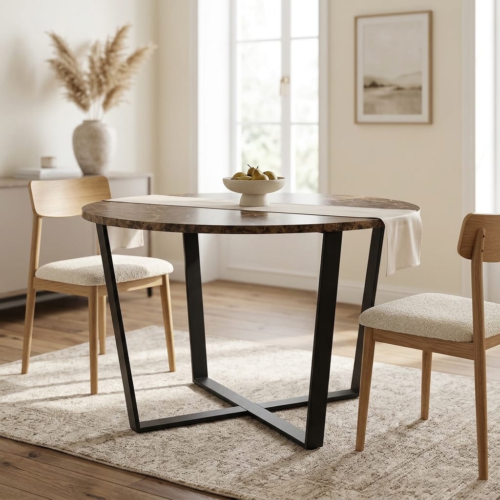 Amble Black Round Dining Table | Brown Marble Effect Top
