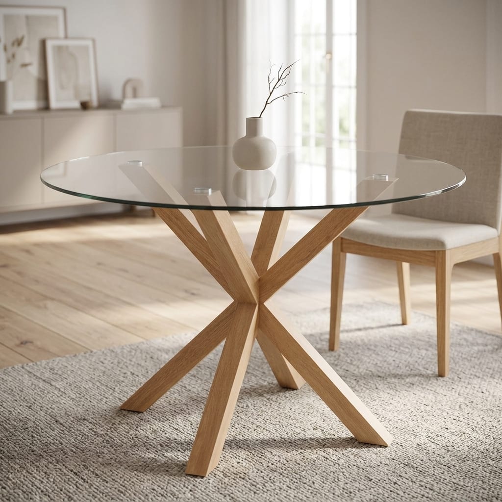 tempered glass top round oak glass dining table