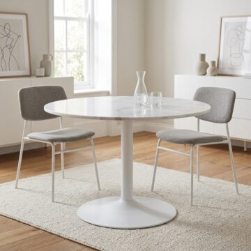 Tarifa Round Dining Table with White Polished Marble Top and White Base