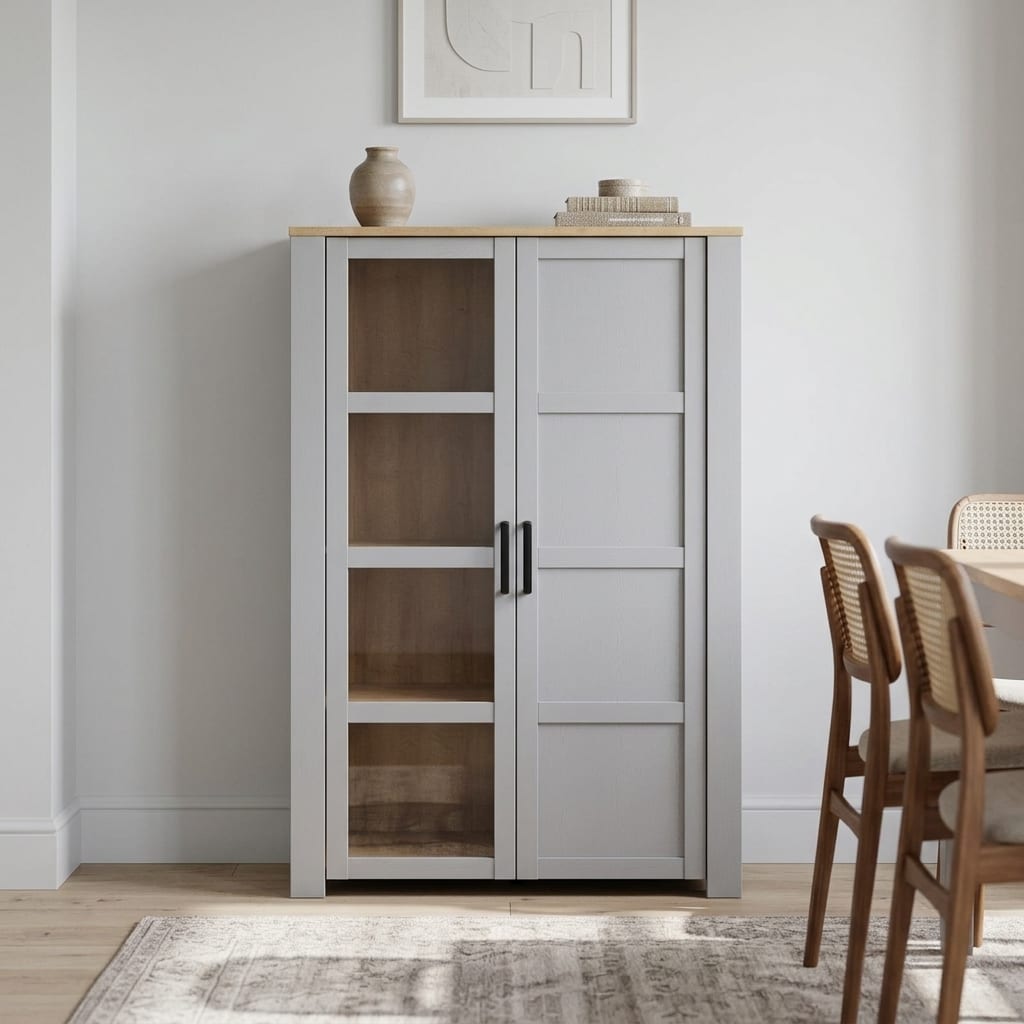 Bruma Grey 2 Door Display Cabinet inc. 2x LED Lights | Riviera Oak