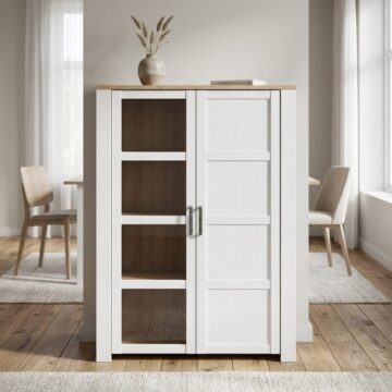 Bruma White 2 Door Display Cabinet inc. 2x LED Lights | Riviera Oak