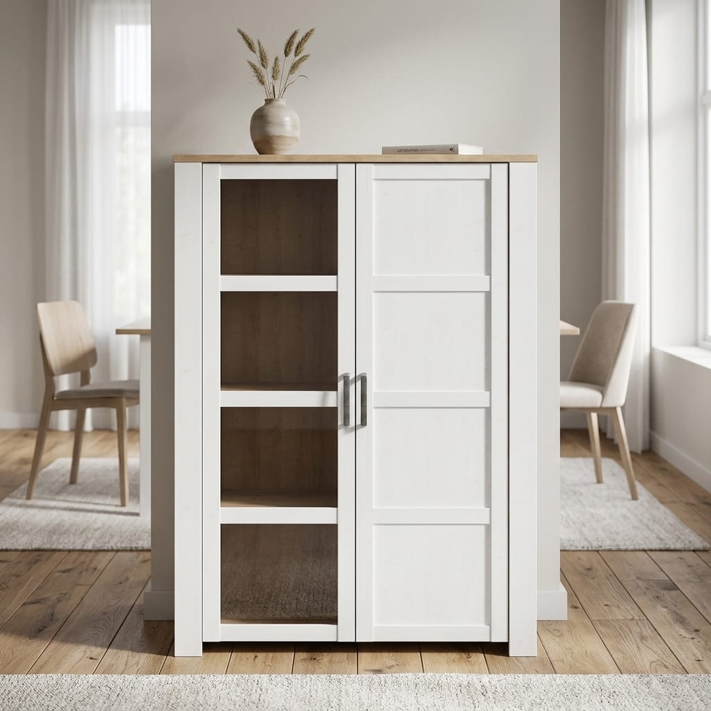 Bruma White 2 Door Display Cabinet inc. 2x LED Lights | Riviera Oak