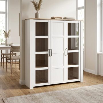 Bruma White 3 Door Large Display Cabinet inc. 4x LED Lights | Riviera Oak