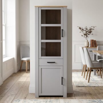 Bruma Grey 2 Door 1 Drawer Narrow Display Cabinet inc. 2x LED Lights | Riviera Oak