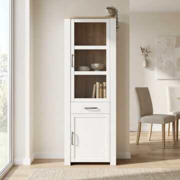 Bruma White 2 Door 1 Drawer Narrow Display Cabinet inc. 2x LED Lights | Riviera Oak