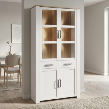 Ridge White Display Cabinet 4 Door 2 Drawer | Riviera Oak | Inc LED Lighting