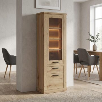 Solara 2 Door 1 Drawer Narrow Display Cabinet | Artisan Oak Finish