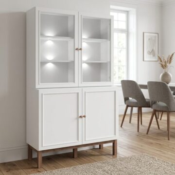 Wesley Light Grey 4 Door Display Cabinet | Oak Finish | Inc LED Lighting