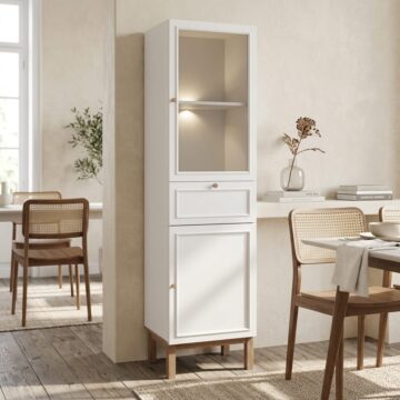 Wesley Light Grey 2 Door 1 Drawer Display Cabinet | Oak Finish | Inc LED Lighting