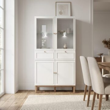 Wesley Light Grey 4 Door 2 Drawer Display Cabinet | Oak Finish | Inc LED Lighting