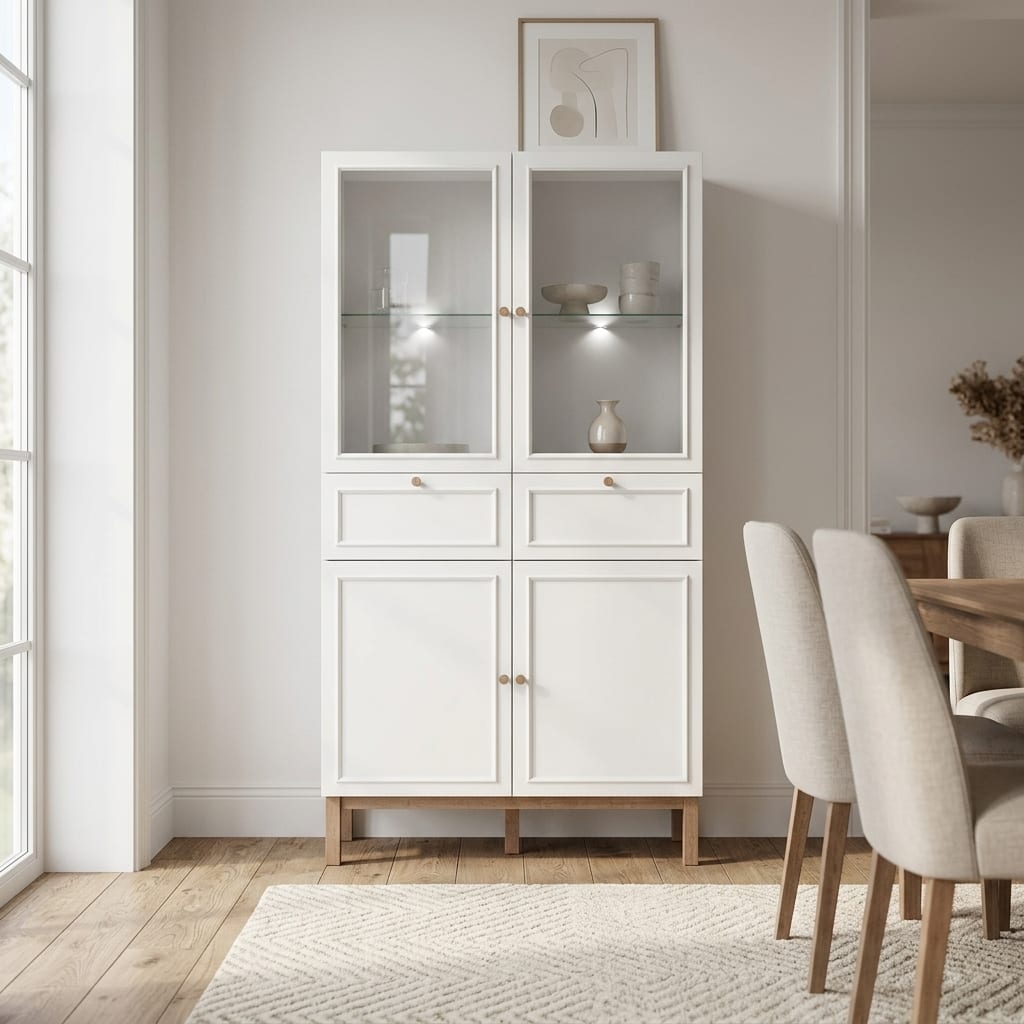 Wesley Light Grey 4 Door 2 Drawer Display Cabinet | Oak Finish | Inc LED Lighting