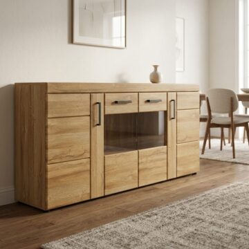 Newquay 4 Door Wide Glazed Sideboard | Oak Finish
