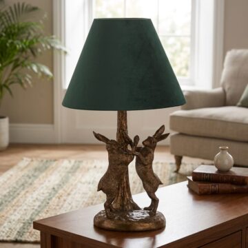 Antique Gold Marching Hares Lamp With Green Velvet Shade