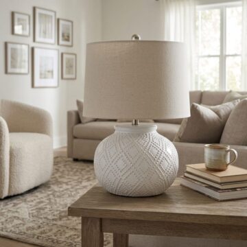 Squat White Beaded Ceramic Lamp With Linen Shade