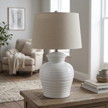 White Ceramic Pot Lamp With Linen Shade