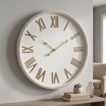Large Rustic White Clock With Beaded Frame