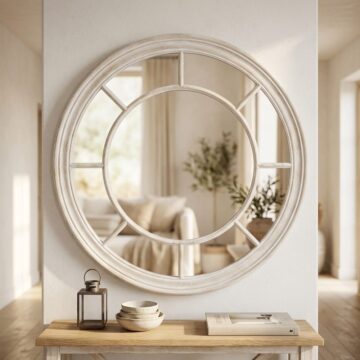 Washed Wood Framed Round Mirror | Assembled